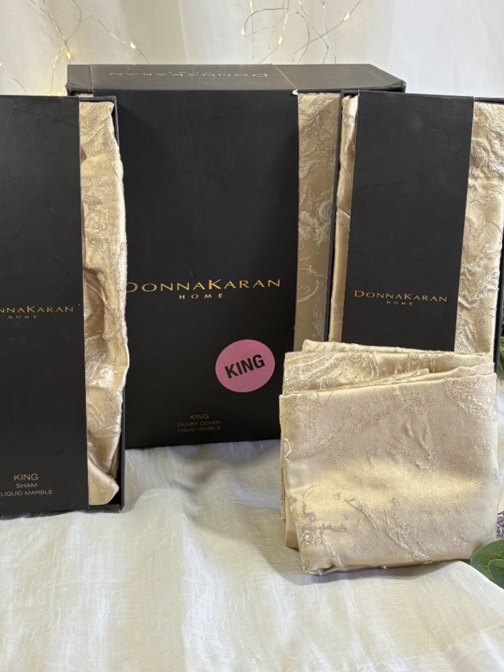 Donna Karan Liquid Marble Jacquard Gold King Duvet & 3 SHAMS NEW 4PC SET $1500